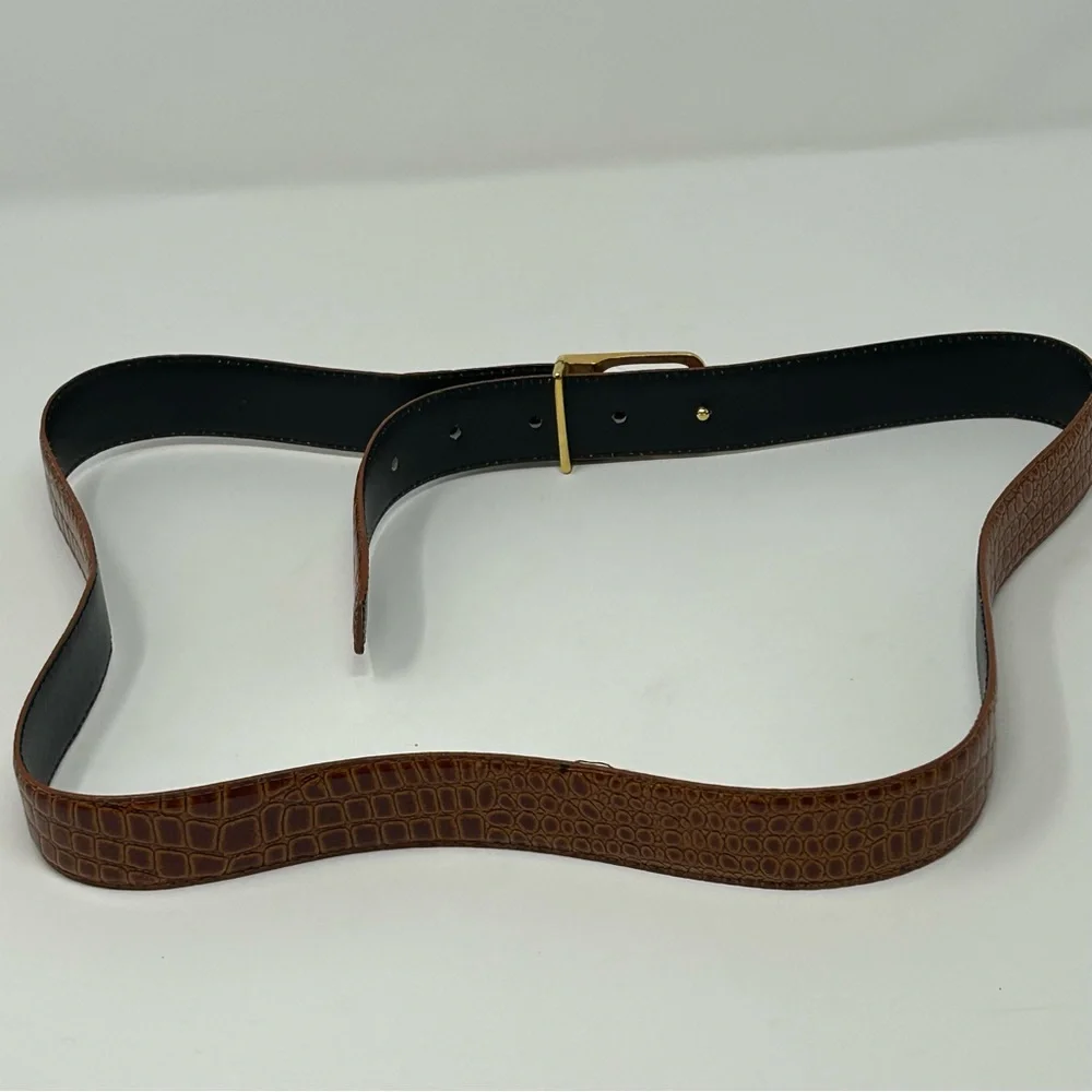 Vintage Pierre Cardin Logo Belt Croc Embossed Brown Leather Gold‎ Buckle Size L